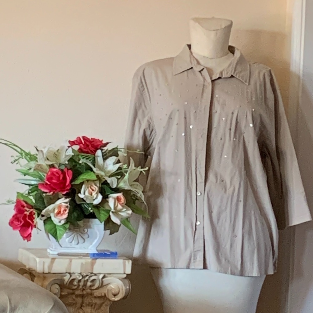 Plus size stretchy khaki sequin shirt
